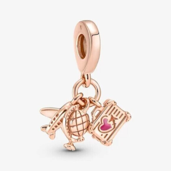 Pandora Airplane, Globe & Suitcase Triple Dangle Charm - Picture 1 of 5